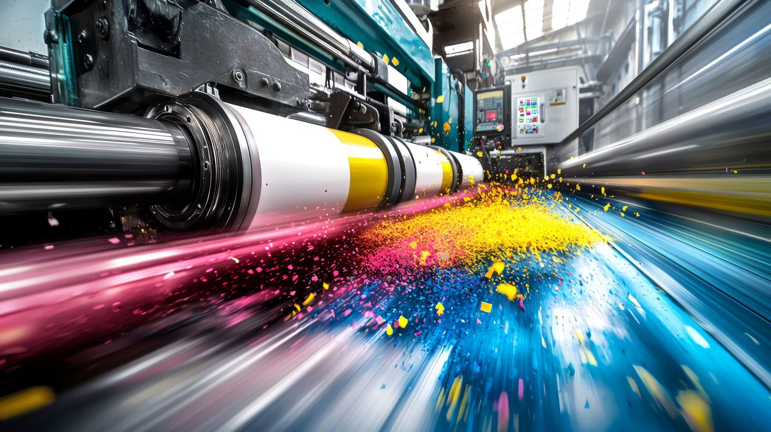The CMYK printing process in action, with an industrial inkjet printer in a modern facility