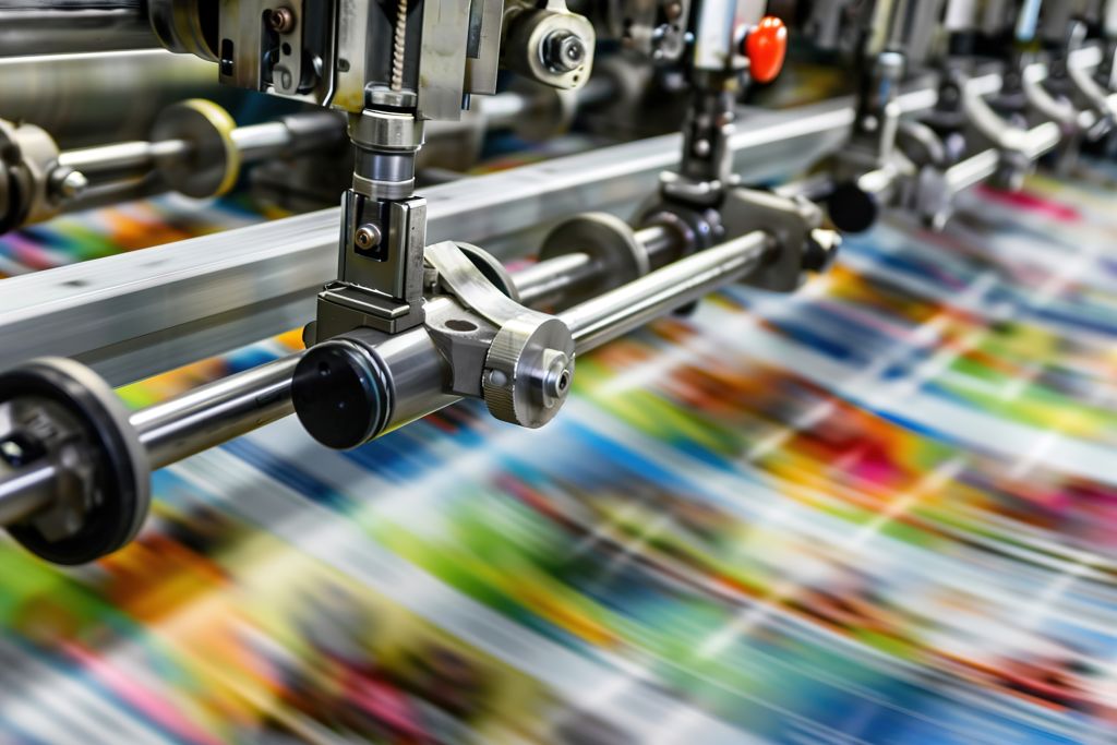Printing press in action, freshly printed pages emerging, vibrant ink colors visible